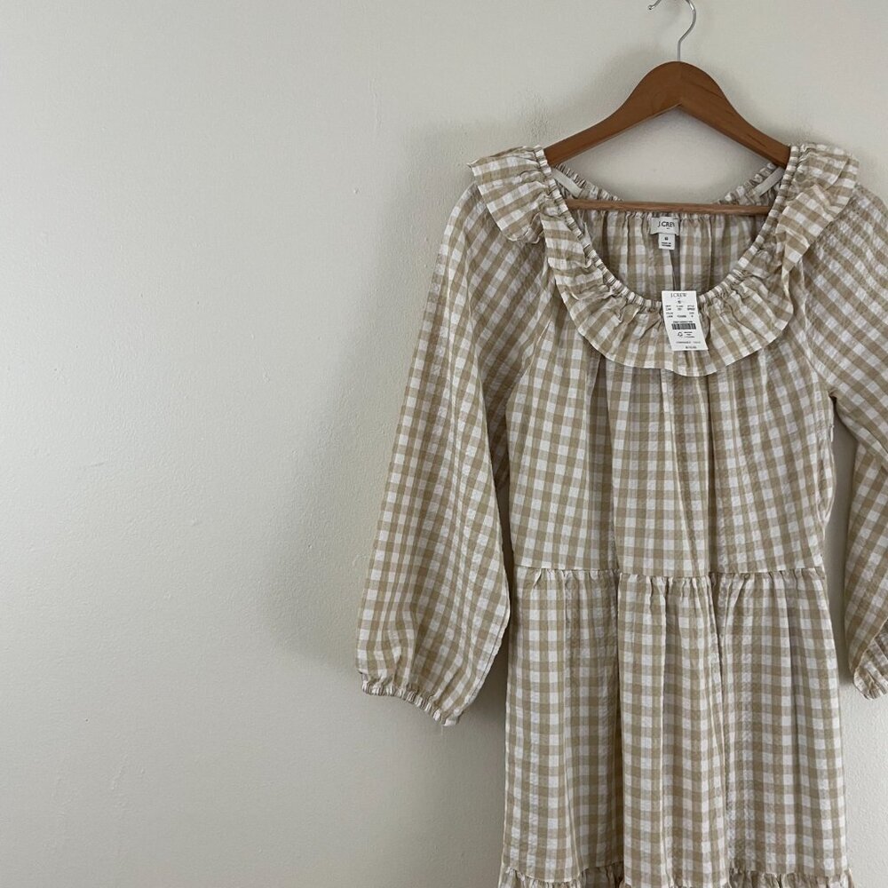 J Crew Light Khaki White Seersucker Ruffle Neck Mini Dress Size 6 - Picture 6 of 6